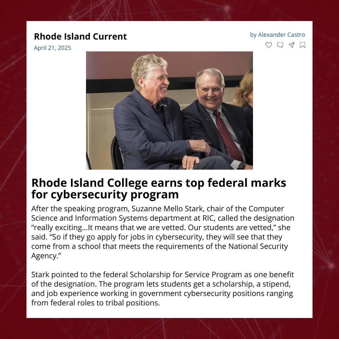What does an <a href="/NSAGov/">NSA/CSS</a> Center of Academic Excellence designation mean for Rhode Island College? The <a href="/RICurrent/">Rhode Island Current</a>'s Alexander Castro caught up with Dr. Suzanne Mello-Stark to find out. 

Read the full story ⤵️
rhodeislandcurrent.com/2025/04/21/rho….
