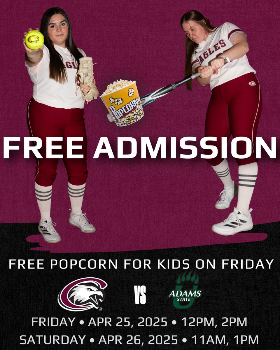 SB: Celebrate senior softball weekend with FREE ADMISSION on Friday and Saturday and watch the Eagles take on Adams State! 

-Kids receive free popcorn Friday 
-Senior Day between games on Saturday
-Free admission both days

We hope to see you at the CSC Softball Field!
