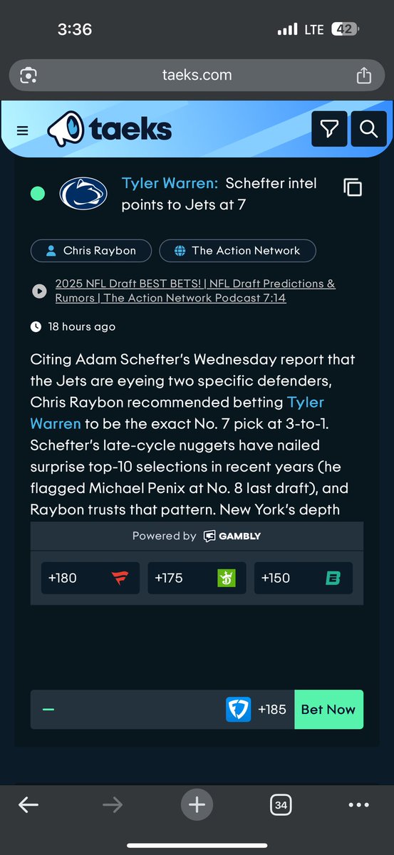 The NFL draft is a great betting use case for Taeks.com.  There are dozens of interesting deep linked draft bets with analysis as I scroll through the NFL page. I haven't followed draft coverage too closely but obviously I want to bet on it.