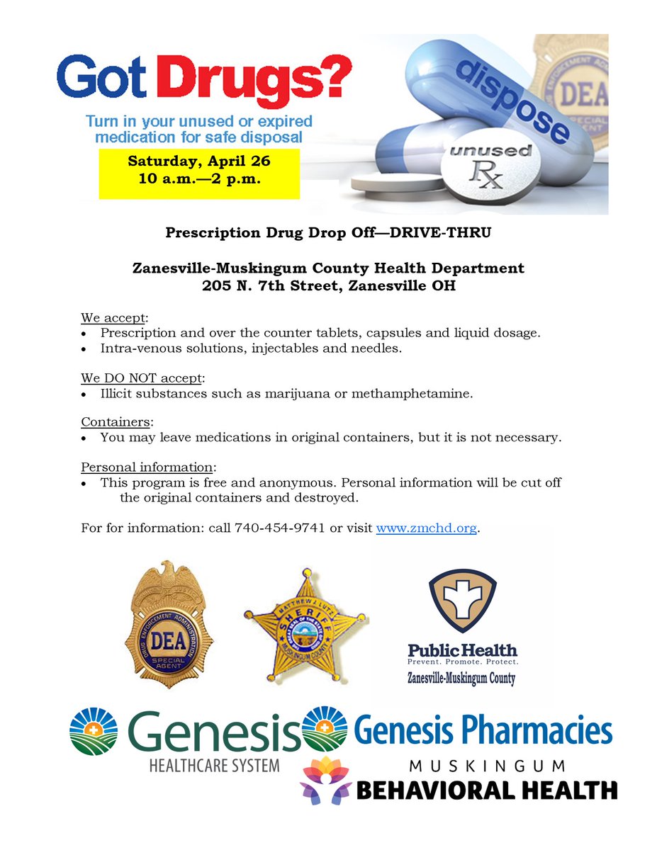 ZMC Health Dept (@zmchd) on Twitter photo Drug Take Back Day is this Saturday, April 26th! Clean all the expired and unneeded medications out of your medicine cabinets and drop them off at our site located at 205 N. 7th Street in Zanesville. #prevention #DrugTakeBackDay <a href="/Musk_Co_Sheriff/">Musk Co Sheriff</a> Drug Take Back Day is this Saturday, April 26th! Clean all the expired and unneeded medications out of your medicine cabinets and drop them off at our site located at 205 N. 7th Street in Zanesville. #prevention #DrugTakeBackDay <a href="/Musk_Co_Sheriff/">Musk Co Sheriff</a>