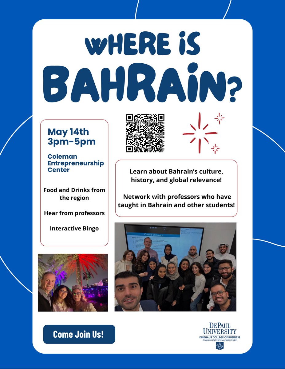 Discover Bahrain: Culture, History &amp; Connection to DePaul! 🇧🇭 

Register here: depaul.startuptree.co/event/s/nqwg66…