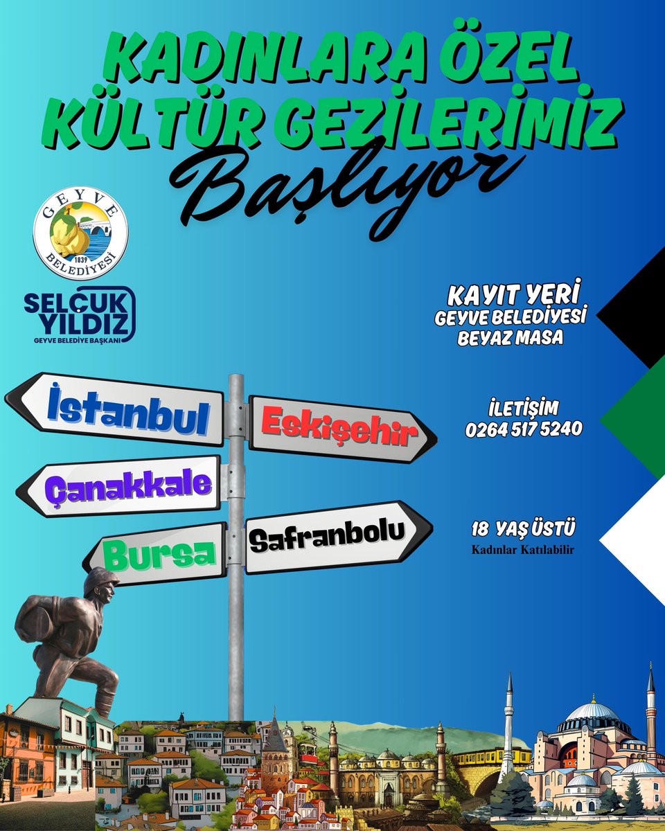 Kadınlara Özel Kültür Gezilerimizi Başlatıyoruz📣📣📣

🚍🚌5 farklı lokasyonda farklı şehirleri görmek, yeni yerler keşfetmek isteyen Geyve ilçemizde ikamet eden tüm Geyveli hanımları ücretsiz kültür gezilerimize kayıt olmaya davet ediyoruz. Bursa, Eskişehir, İstanbul, Safranbolu