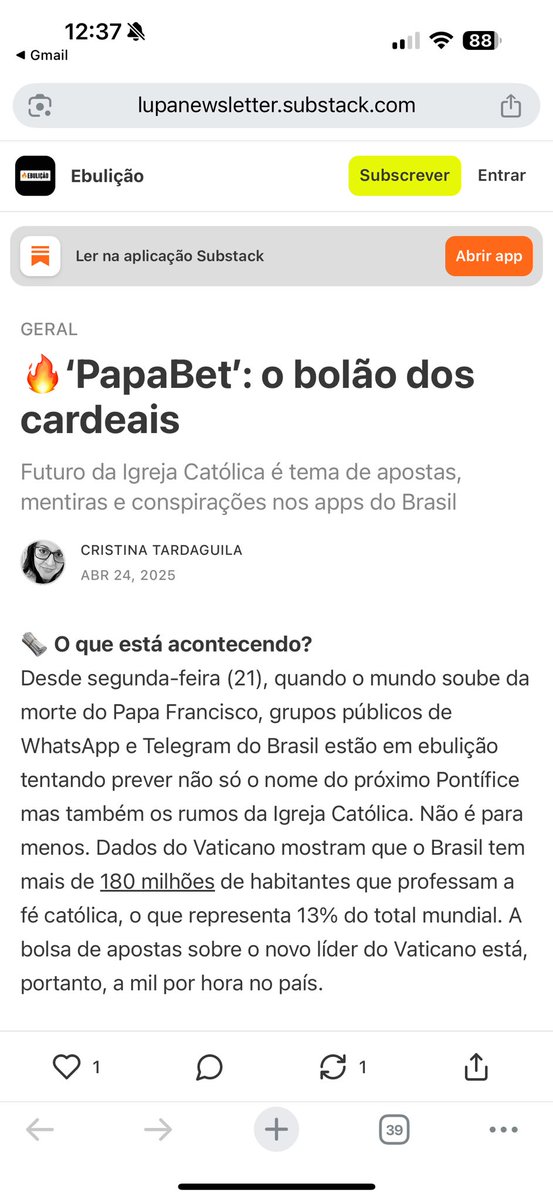 Cristina Tardáguila (@ctardaguila) on Twitter photo Escrevo hoje sobre o “Papabet”, as apostas que os brasileiros estão fazendo nos grupos de WhatsApp e Telegram sobre quem será o novo Papa. (Sim. Tem)
open.substack.com/pub/lupanewsle…
#ebulicao
<a href="/agencialupa/">Agência Lupa</a> Escrevo hoje sobre o “Papabet”, as apostas que os brasileiros estão fazendo nos grupos de WhatsApp e Telegram sobre quem será o novo Papa. (Sim. Tem)
open.substack.com/pub/lupanewsle…
#ebulicao
<a href="/agencialupa/">Agência Lupa</a>