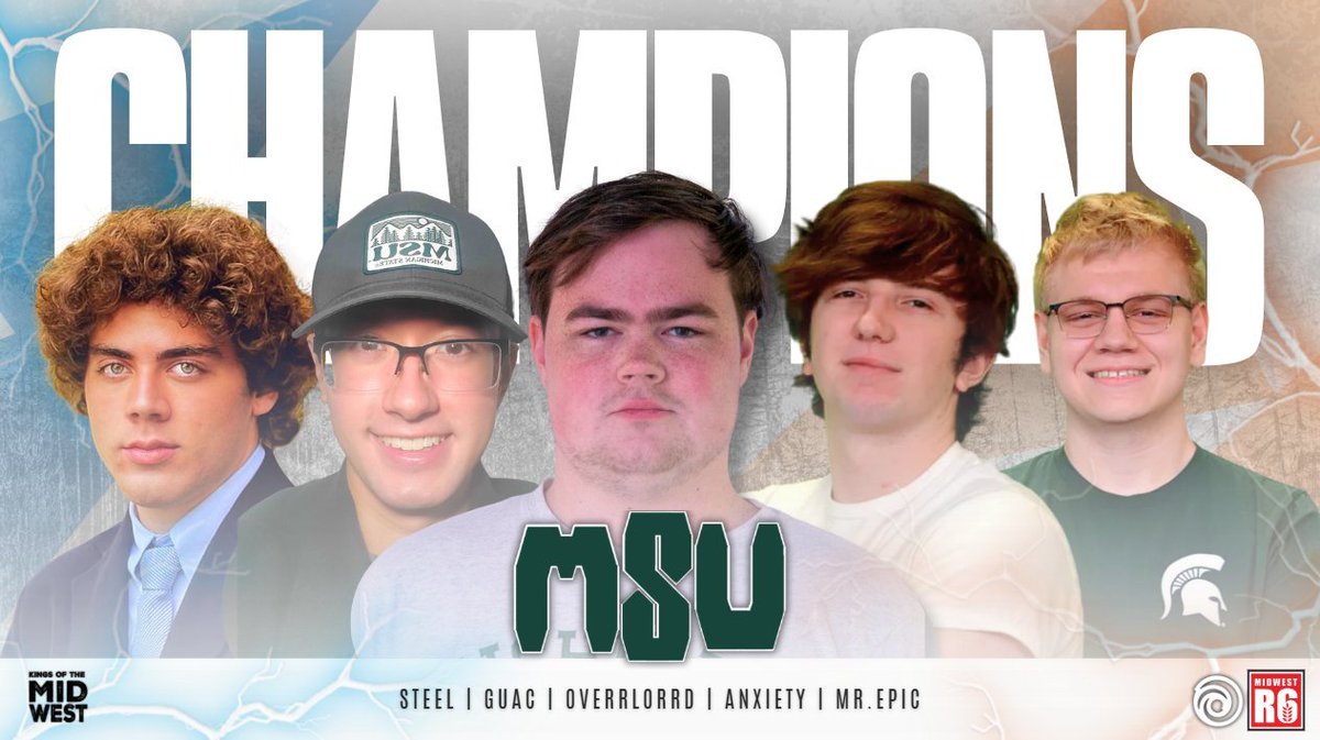 MidwestR6's tweet image. THE REVENGE STORY IS COMPLETE! โ
@MSUR6S ARE THE D5-7 CHAMPIONS ๐
๐Steel
๐@GuacSpicey
๐@OverrlorrdG
๐@sgtanxiety
๐@KingTakacs
@R6esportsNA | #RainbowSixSiege