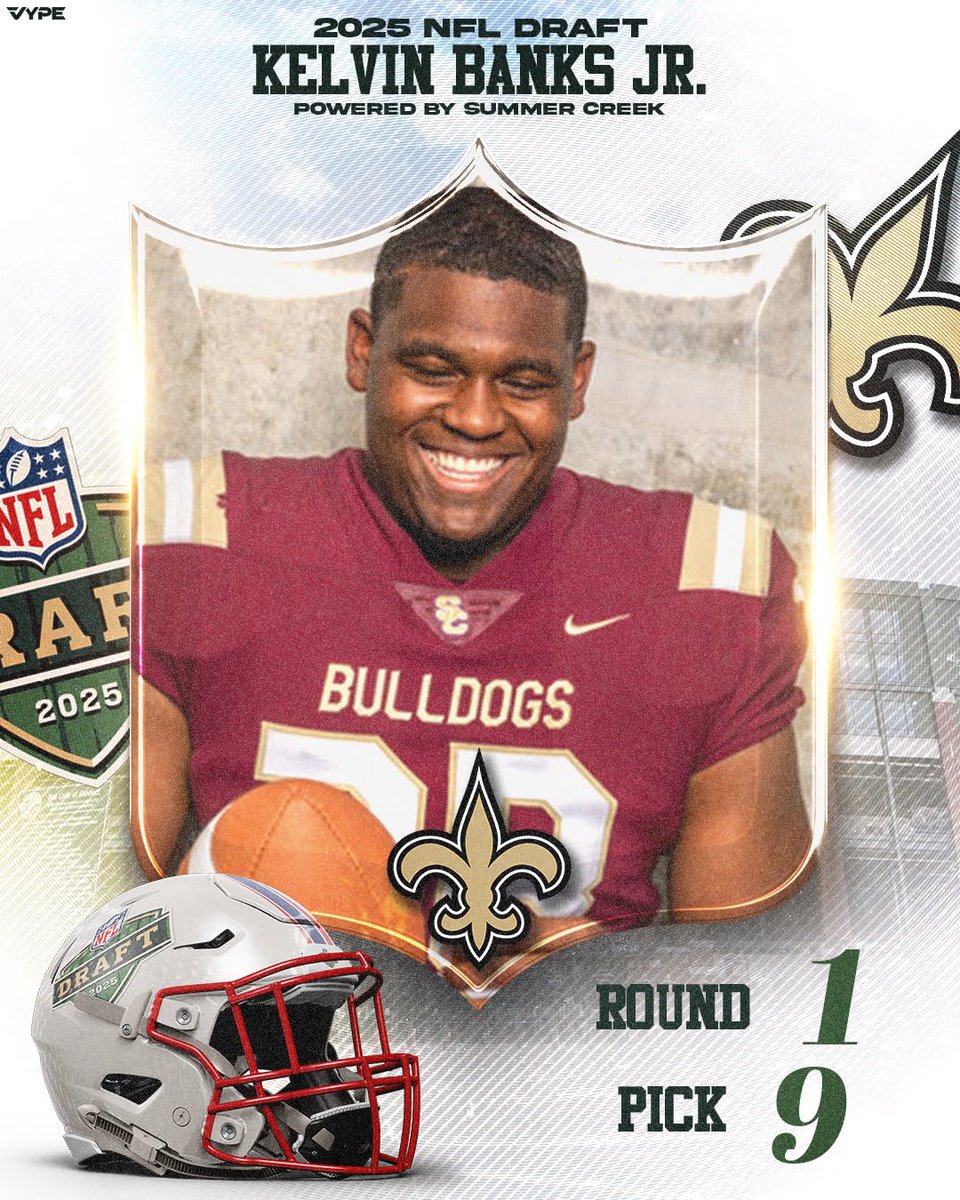 VYPE Houston (@vypehouston) on Twitter photo With the No. 9 pick in the 2025 NFL Draft…. The New Orleans Saints draft former VYPE Coverboy from Summer Creek, Texas OL Kelvin Banks Jr.! #txhsfb
Banks is now the 11th player to be drafted from <a href="/HumbleISD/">Humble ISD</a>! With the No. 9 pick in the 2025 NFL Draft…. The New Orleans Saints draft former VYPE Coverboy from Summer Creek, Texas OL Kelvin Banks Jr.! #txhsfb
Banks is now the 11th player to be drafted from <a href="/HumbleISD/">Humble ISD</a>!