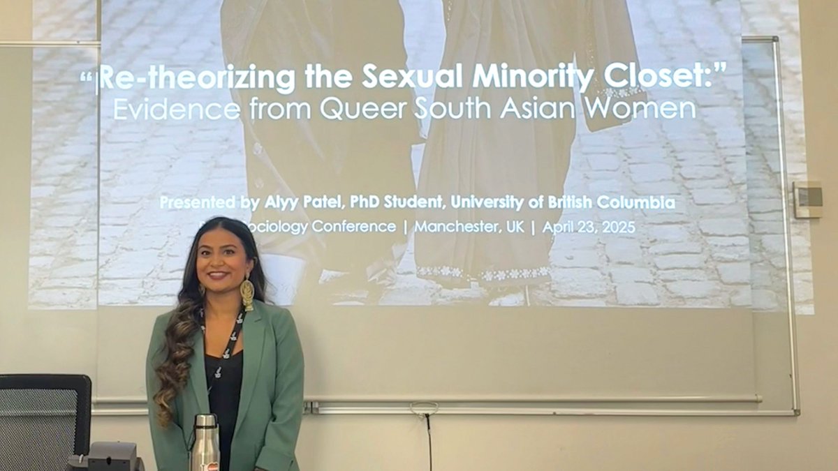 UBC Sociology (@ubcsociology) on Twitter photo PhD student <a href="/AlyyPatel/">Alyy Patel 🌈</a> recently presented her research study titled "Re-Theorizing the Sexual Minority Closet: Evidence from Queer South Asian Women" at the British Sociology Conference.
We're so excited to see Alyy take her research beyond North America for the first time! 🌏 PhD student <a href="/AlyyPatel/">Alyy Patel 🌈</a> recently presented her research study titled "Re-Theorizing the Sexual Minority Closet: Evidence from Queer South Asian Women" at the British Sociology Conference.
We're so excited to see Alyy take her research beyond North America for the first time! 🌏