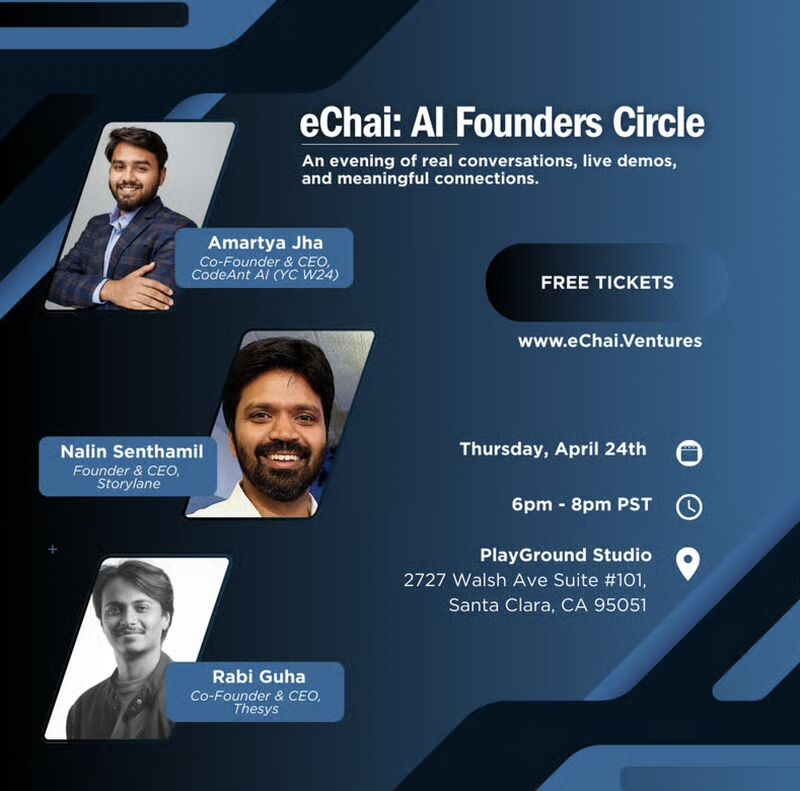 thesysdev's tweet image. Happening TONIGHT in Santa Clara:

AI Founders Circle with Thesys Co-Founder &amp;amp; CEO @rabi_guha, @storylane&apos;s  Nalin Senthamil and
@CodeAntAI&apos;s  Amartya Jha 

🕕6-8PM 
📍2727 Walsh Ave Suite 101

There&apos;s still time to join, register now: lu.ma/4hoq9nrm @eChaiVentures