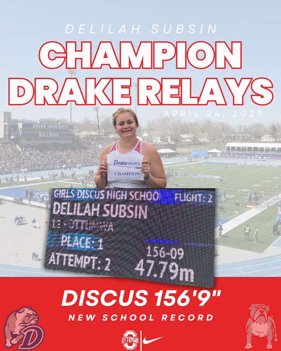DELILAH DOES IT AGAIN!

Delilah Subsin wins the Drake Relays high school discus with a new state leading PR, and school record by 10’ with a throw of 156’9”! 

Congratulations, Delilah!

#GoDogs #BeTheBest #SetTheStandard