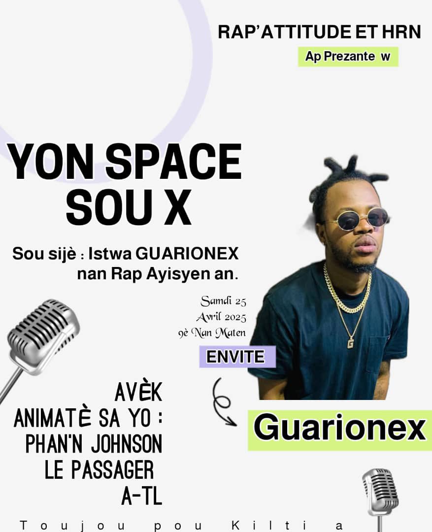 HaitianrapNews's tweet photo. #RAPATTITUDE &amp; HRN ap prezante nou yon trè bèl Space Samedi sa avèk #guarionex epi se toujou men m Team nan @PhannJohnson2 @Lecabel31 @86_clothings ke tout tizè Rap Ayisyen an la nan jounen Rap sa ak nou. https://t.co/7MzwBXsX2B