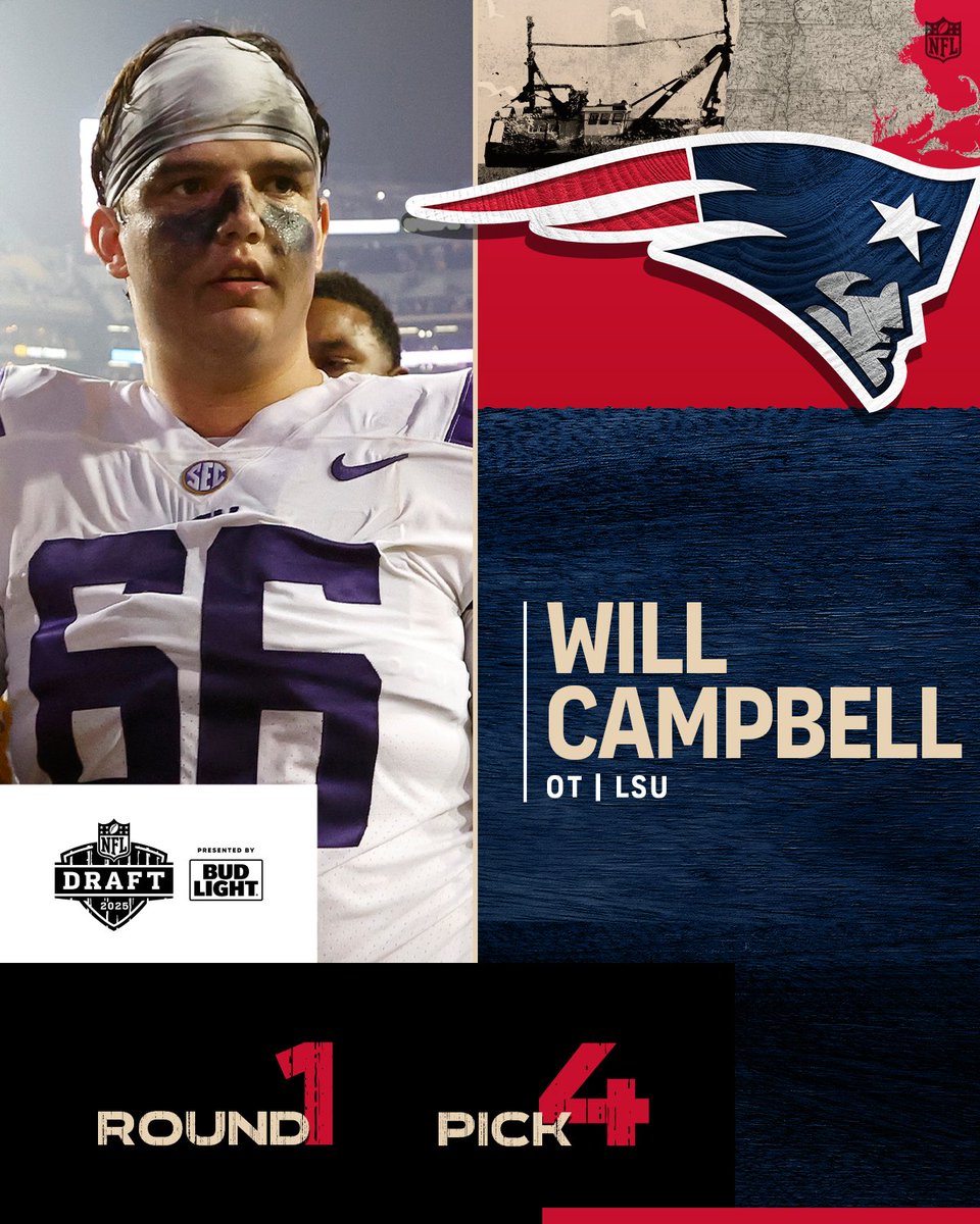 NFL Draft (@nfldraft) on Twitter photo Round 1, Pick 4: <a href="/Patriots/">New England Patriots</a> select <a href="/LSUfootball/">LSU Football</a> OT Will Campbell! #NFLDraft
nfl.com/draft/tracker/… Round 1, Pick 4: <a href="/Patriots/">New England Patriots</a> select <a href="/LSUfootball/">LSU Football</a> OT Will Campbell! #NFLDraft
nfl.com/draft/tracker/…