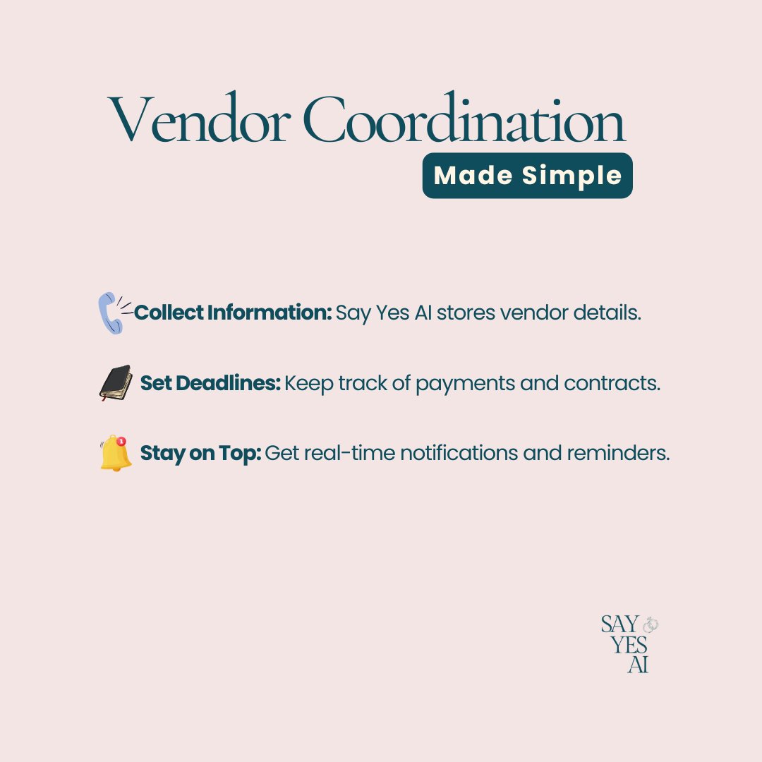 sayyesai's tweet photo. Stay in control of vendor details with Say Yes AI.
#weddingplanning #planning #buildinginpublic https://t.co/72o0NEiYuq