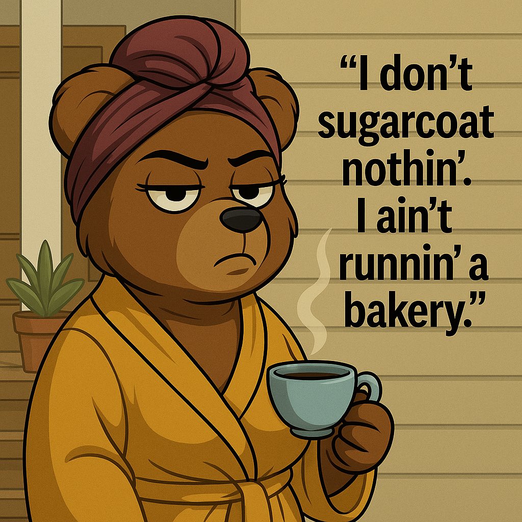 grizzblockco's tweet photo. “I don’t sugarcoat nothin’.
I ain’t runnin’ a bakery.”
– Porch Prophetess, Zone 7

#Grizzblock #BearQuotes #StreetWisdom #CartoonUniverse #UrbanAuntie #PorchTalk #AnimatedIP #SolanaNFTs #NeighborhoodLore #NoSugarcoat https://t.co/6X84GmDTX6