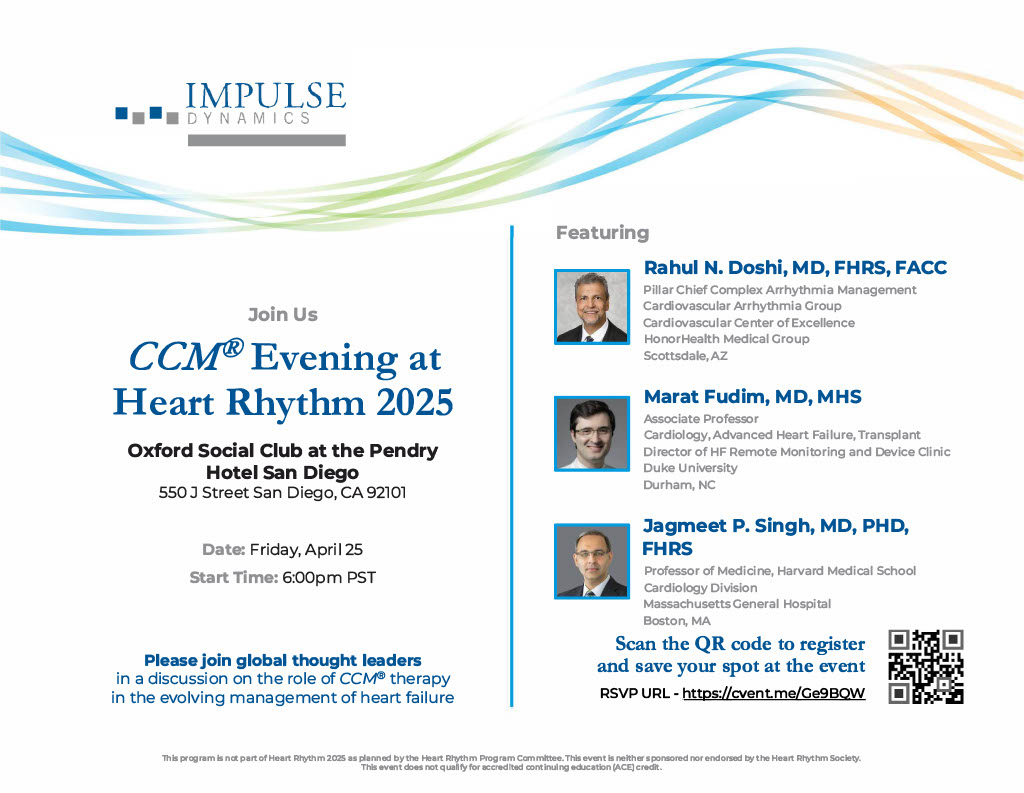 CCM® Evening at Heart Rhythm 2025 is tomorrow! If you haven’t registered for this exciting event yet, RSVP today at: cvent.me/Ge9BQW 
#medicaldevices#heartfailure#CCM #epeeps #ImpulseDynamics #HRS2025