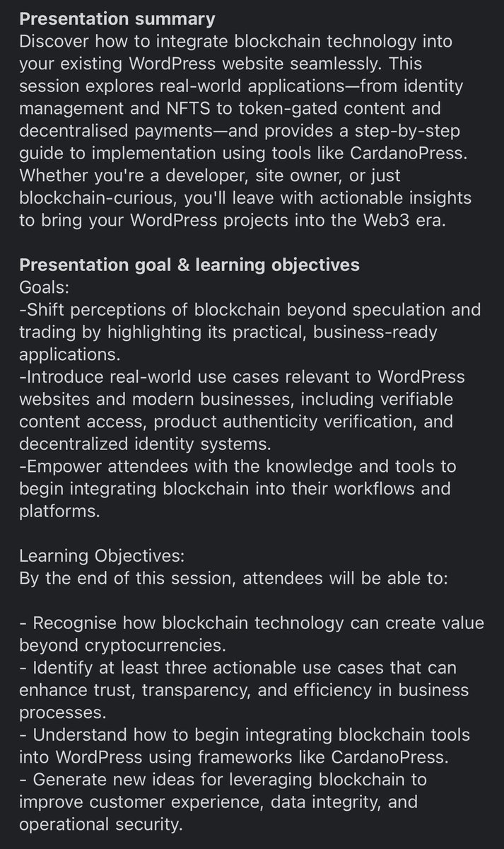 Submitted a presentation for WordCamp Brisbane <a href="/wordcampbne/">WordCamp Brisbane</a> 

Talking about real world blockchain use cases and how WordPress can be apart of the web3 future with Cardano. 

Can I get a like and repost to get the attention of the selection committee?