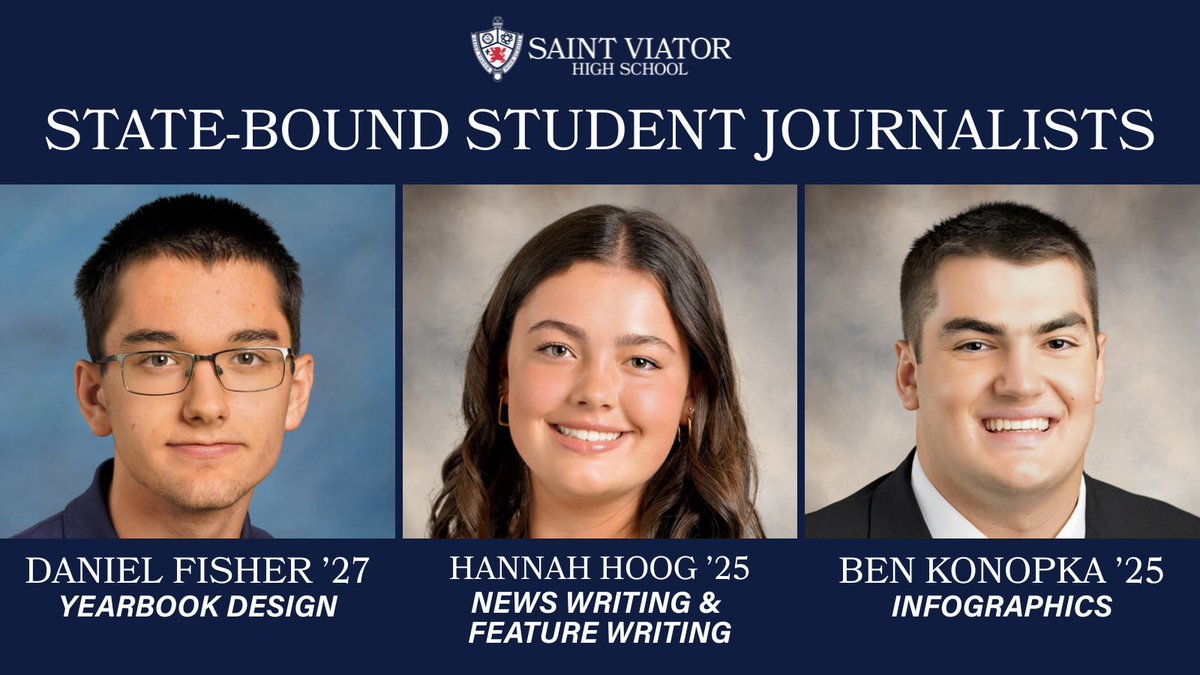 Join us in congratulating and wishing the best of luck to the following Lions who are heading to the @IHSA_STATE Journalism Finals tomorrow! #SVHSProud

Thanks to their top finishes at sectionals earlier this month, they’ll compete in 4️⃣ categories:
🦁Daniel Fisher ’27 — Yearbook
