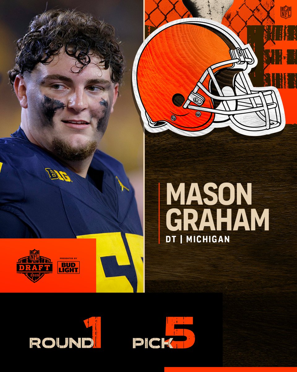 NFL (@nfl) on Twitter photo With the No. 5 overall pick in the 2025 <a href="/NFLDraft/">NFL Draft</a>, the <a href="/Browns/">Cleveland Browns</a> select Mason Graham. <a href="/NewEraCap/">New Era Cap</a>
📺: #NFLDraft on NFLN/ESPN/ABC
📱: Stream on <a href="/NFLPlus/">NFL+</a> With the No. 5 overall pick in the 2025 <a href="/NFLDraft/">NFL Draft</a>, the <a href="/Browns/">Cleveland Browns</a> select Mason Graham. <a href="/NewEraCap/">New Era Cap</a>
📺: #NFLDraft on NFLN/ESPN/ABC
📱: Stream on <a href="/NFLPlus/">NFL+</a>