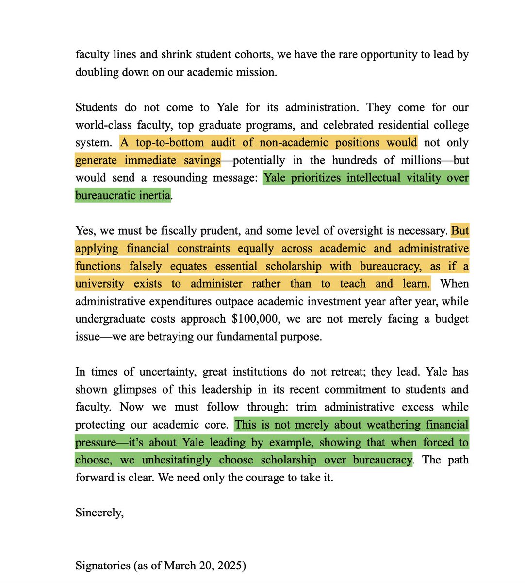 JohnDSailer's tweet image. This is fascinating. More than 100 Yale professors have called for an audit of the university's sprawling bureaucracy.
The audit, they say, would "preempt potential federal intervention" and send the message: "Yale prioritizes intellectual vitality over bureaucratic inertia."
