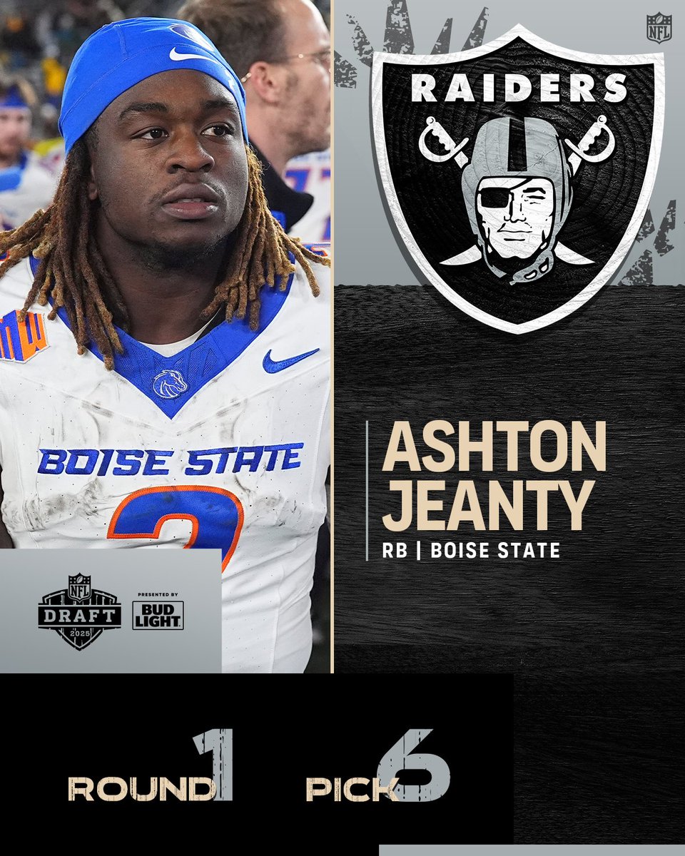 NFL (@nfl) on Twitter photo With the No. 6 overall pick in the 2025 <a href="/NFLDraft/">NFL Draft</a>, the <a href="/Raiders/">Las Vegas Raiders</a> select Ashton Jeanty. <a href="/NewEraCap/">New Era Cap</a>
📺: #NFLDraft on NFLN/ESPN/ABC
📱: Stream on <a href="/NFLPlus/">NFL+</a> With the No. 6 overall pick in the 2025 <a href="/NFLDraft/">NFL Draft</a>, the <a href="/Raiders/">Las Vegas Raiders</a> select Ashton Jeanty. <a href="/NewEraCap/">New Era Cap</a>
📺: #NFLDraft on NFLN/ESPN/ABC
📱: Stream on <a href="/NFLPlus/">NFL+</a>