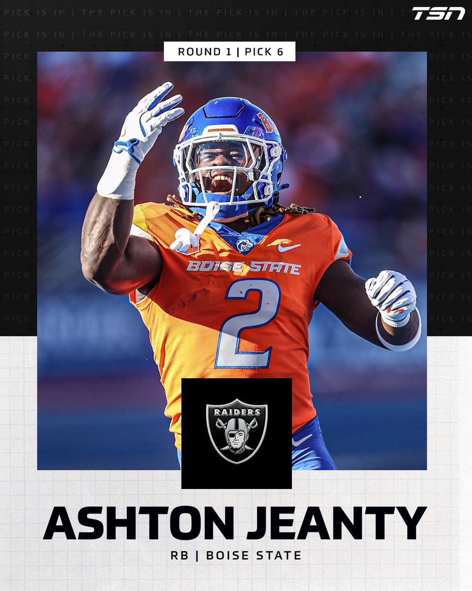 TSN_Sports's tweet image. With the sixth overall pick in the 2025 NFL Draft, the Las Vegas Raiders select Ashton Jeanty (RB).

#NFLDraft
