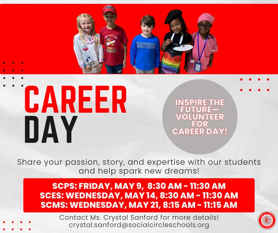Social Circle City Schools (@sccschools) on Twitter photo We're calling all professionals!
Join us for Career Day and help inspire young minds to dream BIG!
SCPS β May 9
SCES β May 14
SCMS β May 21
Sign up:
SCPS & SCESπ bit.ly/SCCSCareerDay
SCMS π bit.ly/SCMSCareerDay
Contact: crystal.sanford@socialcircleschools.org
#SCCSallin We're calling all professionals!
Join us for Career Day and help inspire young minds to dream BIG!
SCPS β May 9
SCES β May 14
SCMS β May 21
Sign up:
SCPS & SCESπ bit.ly/SCCSCareerDay
SCMS π bit.ly/SCMSCareerDay
Contact: crystal.sanford@socialcircleschools.org
#SCCSallin