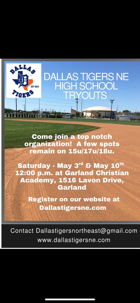 Dallas Tigers Cecil (@2025tigerscecil) on Twitter photo Have a couple open spots for 15-18u age divisions. DM if interested in attending.
<a href="/DTigerBaseball/">Dallas Tigers</a> Have a couple open spots for 15-18u age divisions. DM if interested in attending.
<a href="/DTigerBaseball/">Dallas Tigers</a>