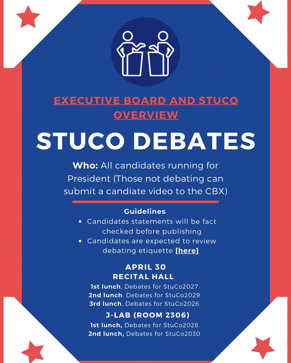 It's the season for StuCo! Debates will be held on April 30th during all three lunches for presidential candidates in the recital hall and J-Lab. Candidates for other positions are welcome to submit short videos to be posted on the Chatterbox YouTube account. Happy debating!