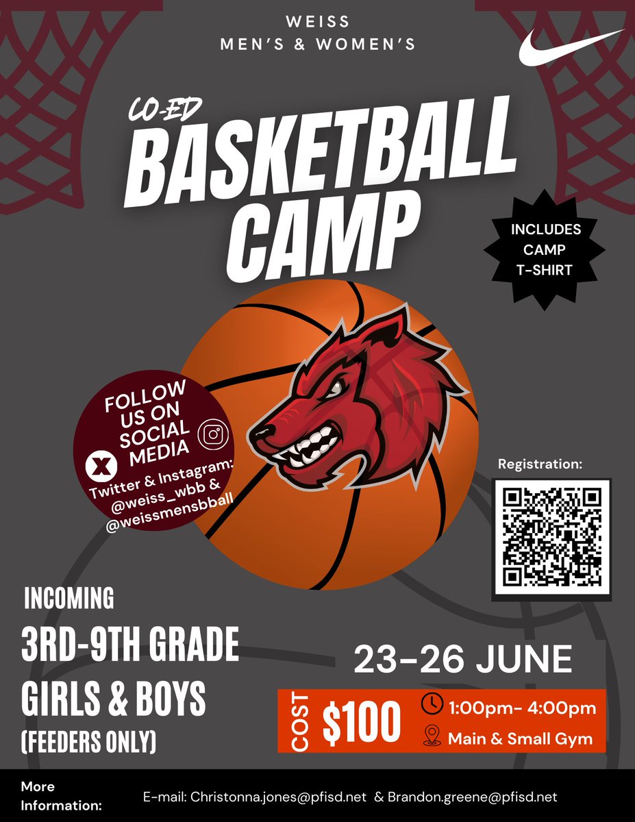 Weiss Men’s Basketball (@weissmensbball) on Twitter photo 🚨CALLING ALL FUTURE WOLVES🚨
Come join us and <a href="/Weiss_WBB/">Weiss Women's Basketball 2.0 🐺</a> as we host our Coed Summer Basketball Camp!!!
June 23-26
1-4 pm
*WEISS FEEDERS ONLY*
Register:
pflugervilleisd.store.rankone.com/co-ed-basketba…
DM for more info
<a href="/PfISDAthletics/">PfISD Athletics</a> <a href="/cele_boys/">Cele Middle School Boys Athletics</a> <a href="/bohls_athletics/">Bohls MS Athletics</a>
#HuntAsOne
🐺🏀 🚨CALLING ALL FUTURE WOLVES🚨
Come join us and <a href="/Weiss_WBB/">Weiss Women's Basketball 2.0 🐺</a> as we host our Coed Summer Basketball Camp!!!
June 23-26
1-4 pm
*WEISS FEEDERS ONLY*
Register:
pflugervilleisd.store.rankone.com/co-ed-basketba…
DM for more info
<a href="/PfISDAthletics/">PfISD Athletics</a> <a href="/cele_boys/">Cele Middle School Boys Athletics</a> <a href="/bohls_athletics/">Bohls MS Athletics</a>
#HuntAsOne
🐺🏀