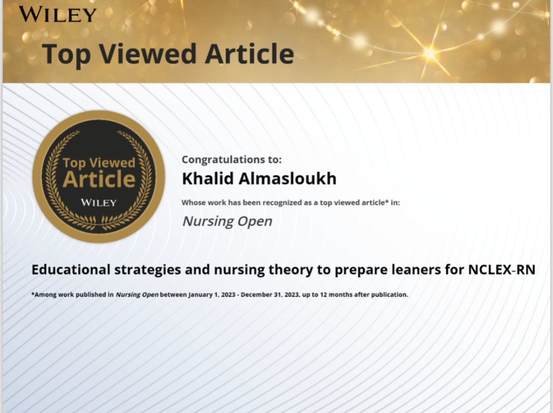 2007Nurse's tweet photo. لله الحمد من قبل و من بعد، حصل مقالي على أعلى معدل إطلاع خلال السنة الأولى بعد النشر. المقال يتعلق بالإستراتجيات التعليمية للإستعداد لإختبار رخصة التمريض.
 الرابط المباشر للمقال كاملاً
 https://t.co/jjXbelAR0w
Direct link to the full article https://t.co/cL0BHhCU1Z