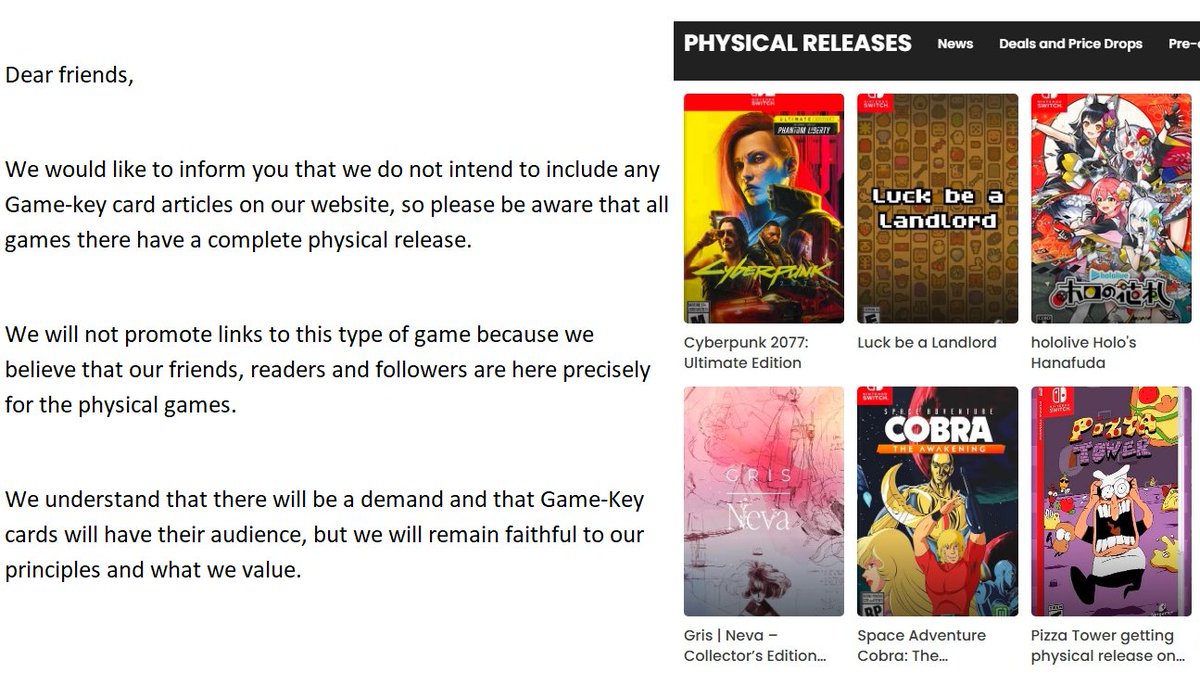 We will continue our work promoting physical games on all consoles including the Nintendo Switch 2, I hope you understand.

Visit physicalreleases.com and if possible share it so that it reaches as many collectors as possible here #NSW