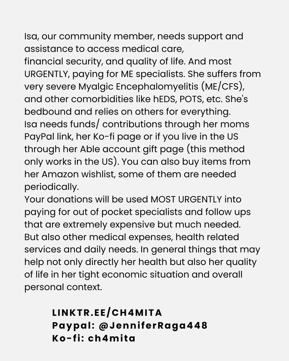 anardiska's tweet image. I’m bedbound and very sick with very severe #MyalgicEncephalomyelitis & comorbidities and I need ongoing help with my medical care and daily expenses (until further notice).
Context in images and thread 🧵
All my links 🔗: linktr.ee/ch4mita
1/3