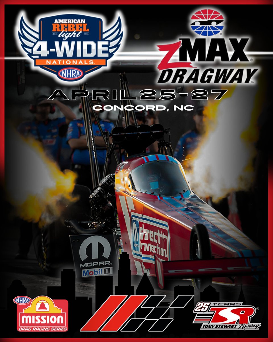 TonyStewart's tweet image. The @Dodge #DirectConnection team is rolling into @zMAXDragway locked &amp;amp; loaded for the @AmericanRebel99 4-Wide Nationals. 

Top Fuel Schedule (EST): 

Friday 
Q1- 5:15 PM  
Q2: 7:45 PM 

Saturday 
Mission 2 Fast 2 Tasty Round 1- 12:30 PM 
Mission 2 Fast 2 Tasty Round 2- 3:00 PM