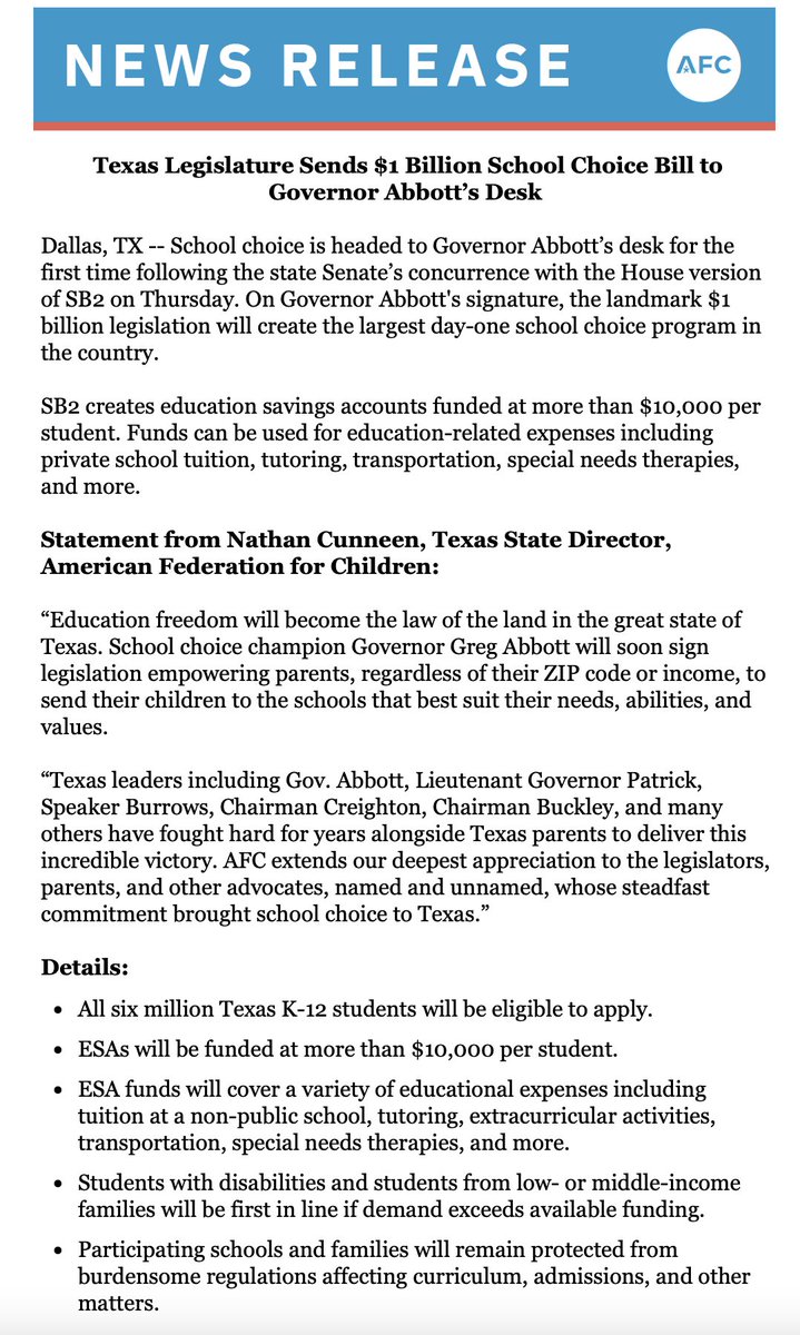 It's official - school choice is coming to Texas! 

Congratulations to <a href="/GregAbbott_TX/">Greg Abbott</a>, <a href="/DanPatrick/">Dan Patrick</a>, <a href="/Burrows4TX/">Dustin Burrows</a>, <a href="/CreightonForTX/">Brandon Creighton</a>, <a href="/BradBuckleyDVM/">Brad Buckley</a> and many other champions who have fought so hard to make this day a reality.