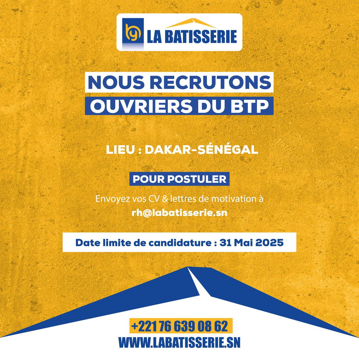 Noo_IDcard's tweet image. ‼️ La Batisserie recrute :

🧑‍🏭  Ouvriers BTC
🧑‍🏭Maçons 
🧑‍🏭 Peintres 
🧑‍🏭 Applicateurs en étanchéité 
🧑‍🏭 Carreleurs 
🧑‍🏭Plombiers 
🧑‍🏭 Électriciens 
🧑‍🏭 Coffreurs 
🧑‍🏭Ferrailleur 

🧑‍💻 Business développer 
rh@labatisserie.sn 

📆  31 mai 2025