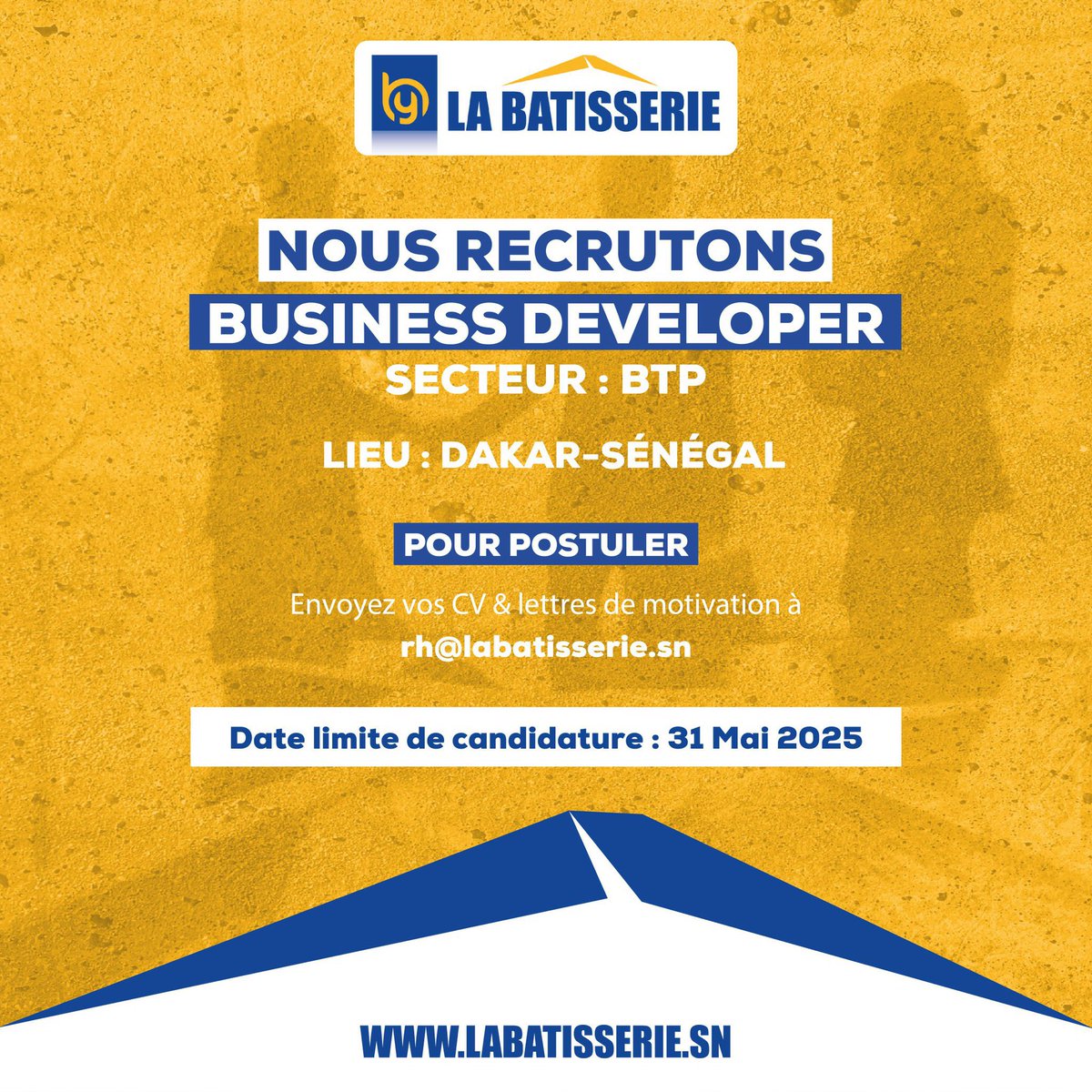 Noo_IDcard's tweet image. ‼️ La Batisserie recrute :

🧑‍🏭  Ouvriers BTC
🧑‍🏭Maçons 
🧑‍🏭 Peintres 
🧑‍🏭 Applicateurs en étanchéité 
🧑‍🏭 Carreleurs 
🧑‍🏭Plombiers 
🧑‍🏭 Électriciens 
🧑‍🏭 Coffreurs 
🧑‍🏭Ferrailleur 

🧑‍💻 Business développer 
rh@labatisserie.sn 

📆  31 mai 2025