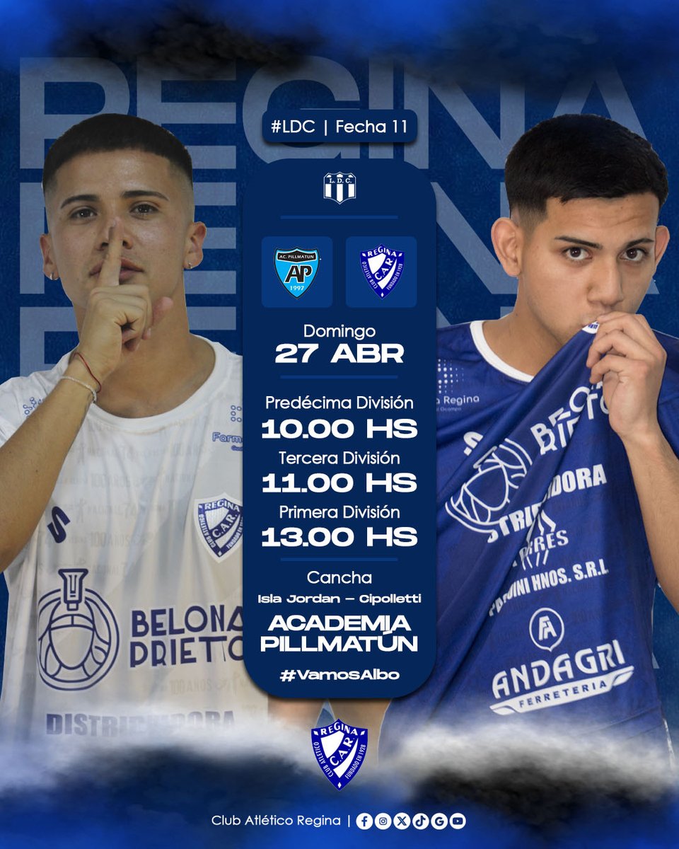 #Fútbol | ¡REGINA VIAJA A CIPOLLETTI PARA JUGAR VS PILLMA!

Por la fecha 11 de la LDC, Regina visita a la Ac. Pillmatún este domingo en la Isla Jordán de Cipolletti desde las 10.00 hs en predécima, 13.00 hs tercera, y desde las 13.00 hs en primera división.

#VamosAlbo⚪🔵