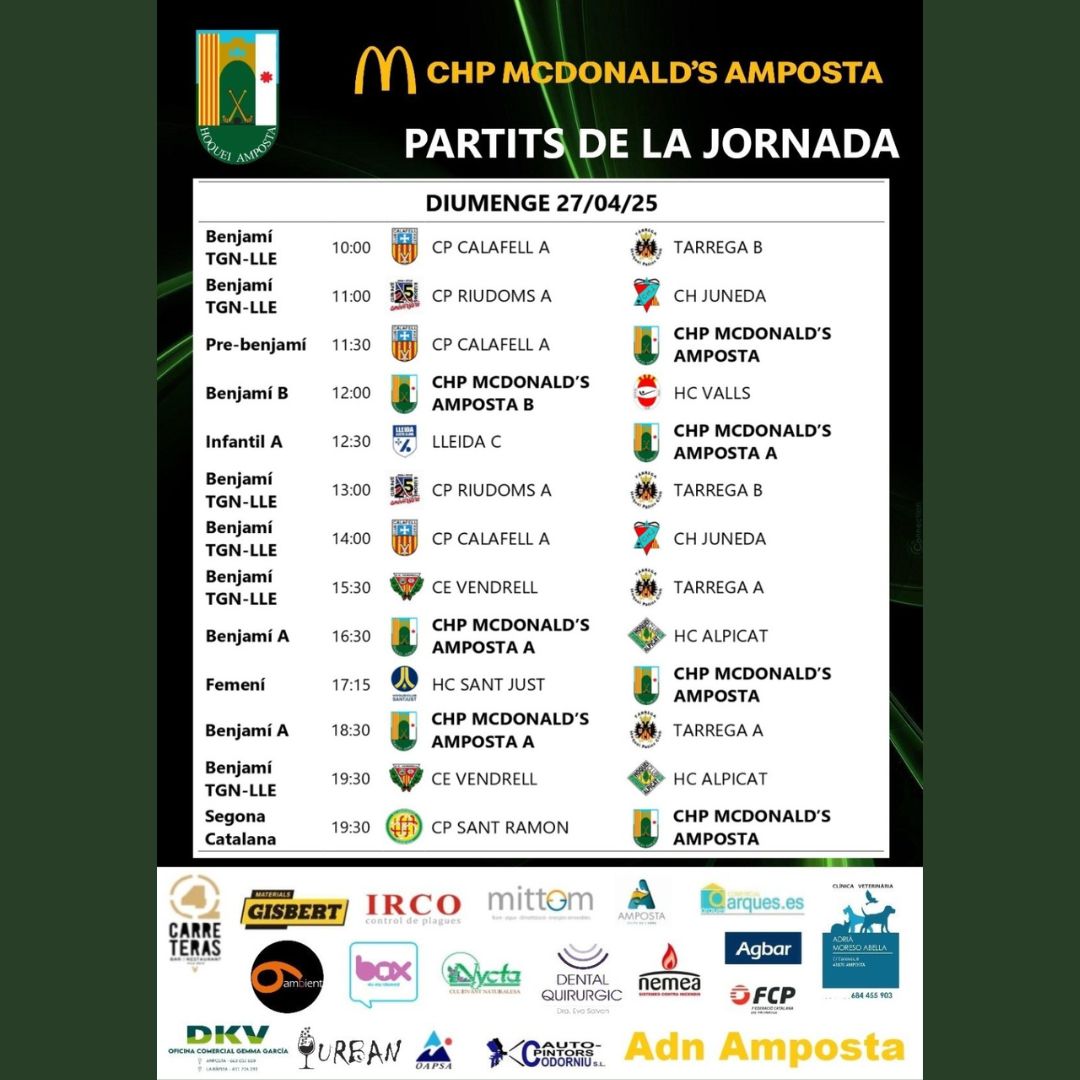 Partits de la jornada 📅 26 i 27 abril.
Atenció!!: aquests dies som amfitrions de la Lliga Lleida-Tarragona Benjamí Or -》 Vine a gaudir de l'#hoquei! 🏑🥅😉
<a href="/FCPatinatge/">FCPatinatge</a> <a href="/ajamposta/">Ajuntament d'Amposta</a>