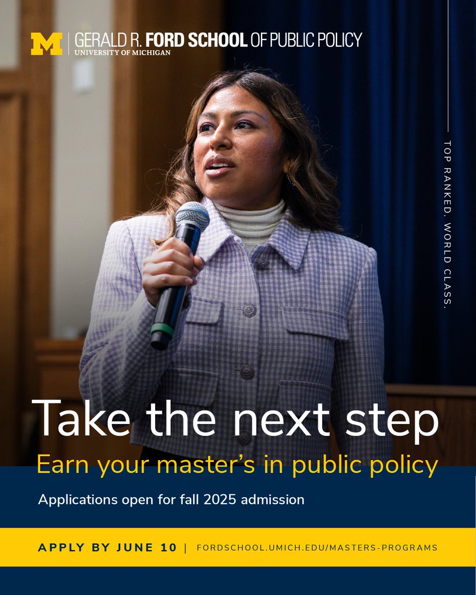 In response to changes in the federal workforce and increased uncertainty, the Ford School's Master of Public Policy program has extended its Fall 2025 admissions deadline to June 10.

Learn more and apply: myumi.ch/8qrqk.