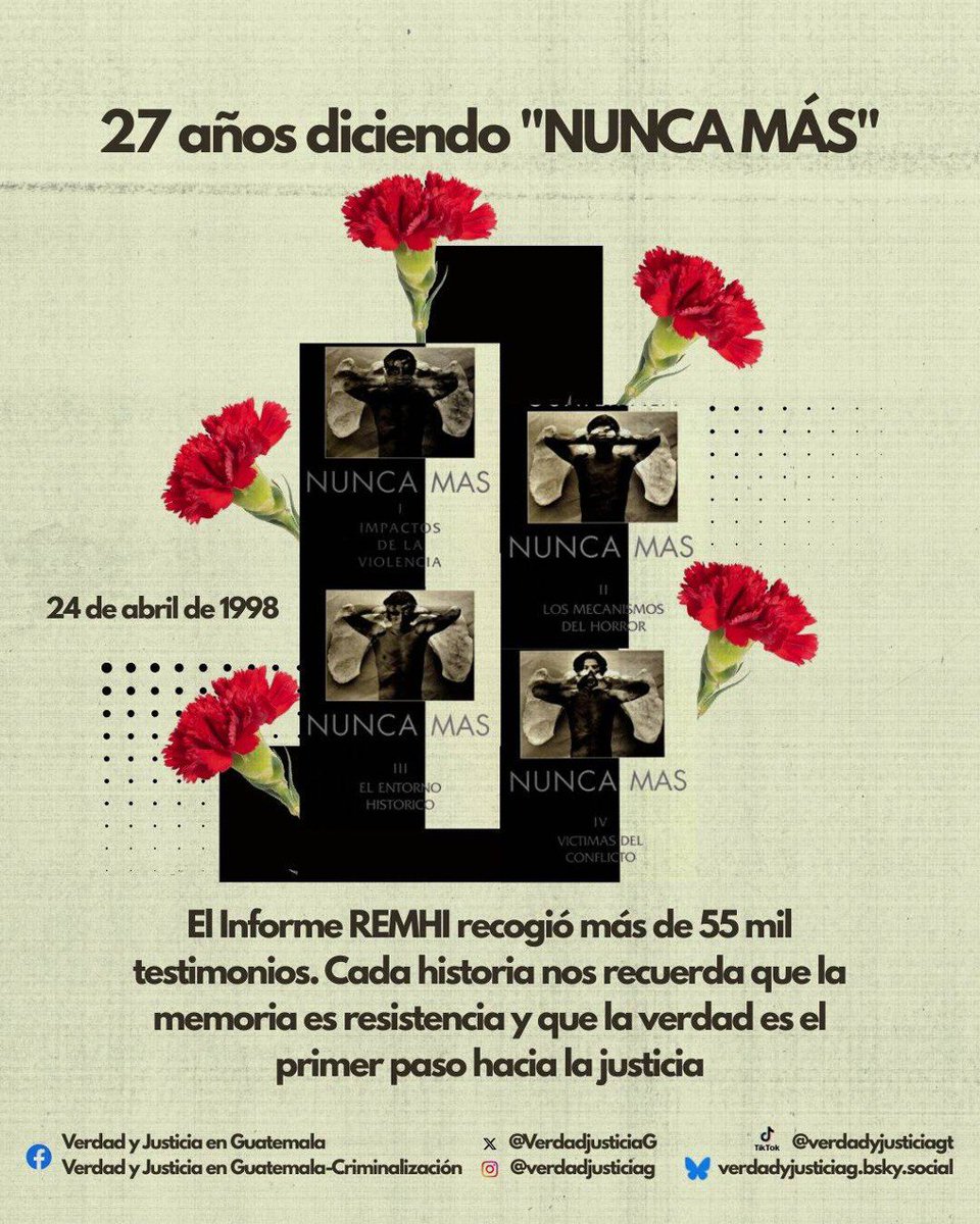 Hace 27 años, el Informe REMHI rompió el silencio impuesto por el miedo. Documentó más de 55 mil testimonios de sobrevivientes del conflicto armado en Guatemala. Fue un acto de memoria, verdad, justicia y dignidad. Hoy, seguimos diciendo: ¡Nunca Más! #REMHI