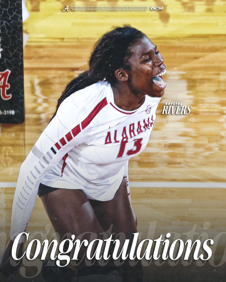 Congrats to Alabama alum and former SEC Player of the Year Krystal Rivers, who recently announced her retirement from professional volleyball

She most recently played with Allianz MTV Stuttgart, winning two German championships

#BamaVB #RollTide