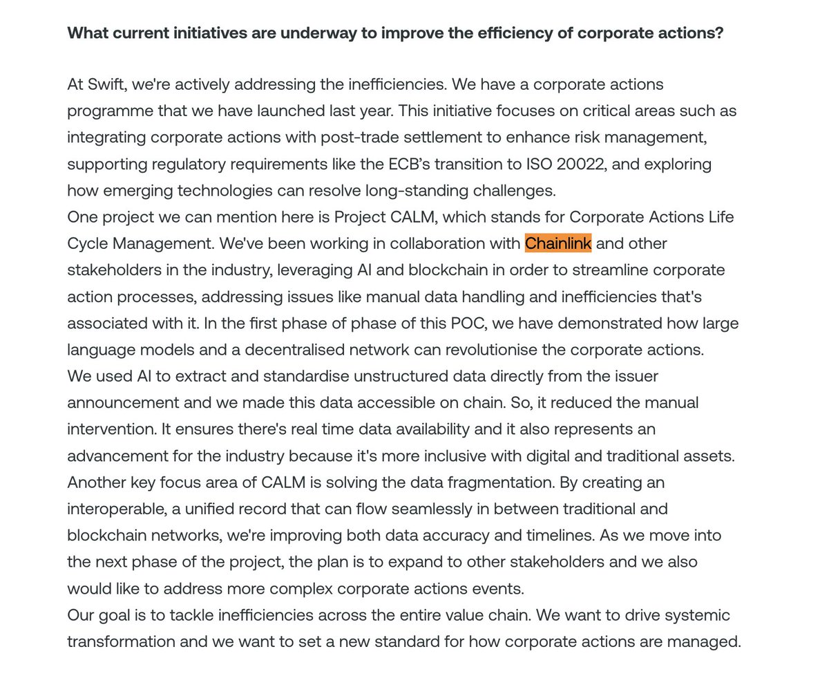 ChainLinkGod's tweet photo. Swift published an update today on their ongoing collaboration with @Chainlink on Project CALM 👀

This initiative combines blockchains, oracles, and LLMs to streamline corporate action reporting (mergers, dividends, stock splits, etc) via the creation of onchain, unified golden records updated by Chainlink oracles

Participants in the first phase of Project CALM included Chainlink, Swift, Euroclear, Franklin Templeton, UBS, Caceis, and more

The next phase of Project CALM will expand to include additional stakeholders and address more complex corporate actions events

🔗 Links below