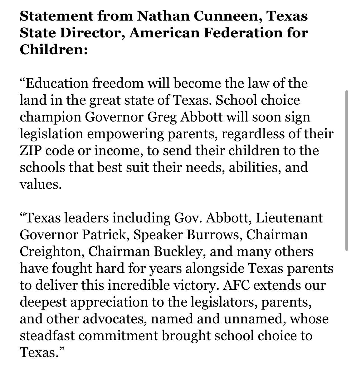 I was a school choice student. 

Now, every student in Texas will have the same opportunity I did. 

Thank you so much to the legislators and leaders who were brave enough to make it happen, and to the parents who drove them!