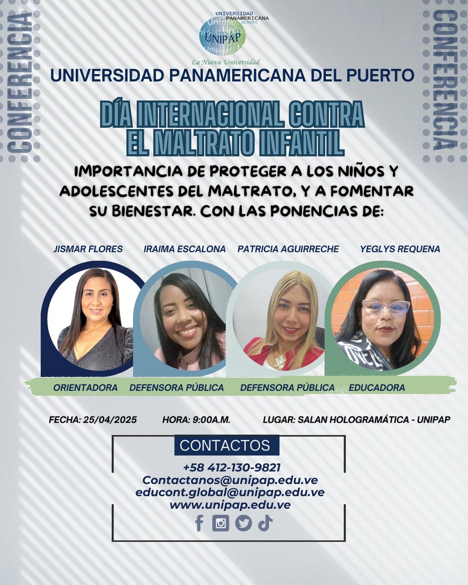 UNIPAP_Oficial's tweet photo. La Universidad Panamericana del Puerto UNIPAP, Extiende la invitación a la conferencia por el día Internacional contra el Maltrato
Infantil – Entrada libre –
.
.
.
#unipap
#contraelmaltratoinfantil
#Conferencia https://t.co/UY1o6Jm5nJ