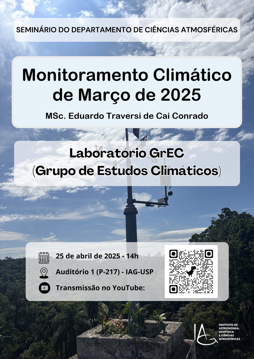GrecUsp's tweet photo. 🌤️Nesta sexta (25/04) as 14h será transmitido mais um Webinar GrEC:  “Monitoramento Climático de Março de 2025” que será apresentado pelo MSc. Eduardo Traversi de Cai Conrado

Participe com a gente! https://t.co/zxi5T1zOZD