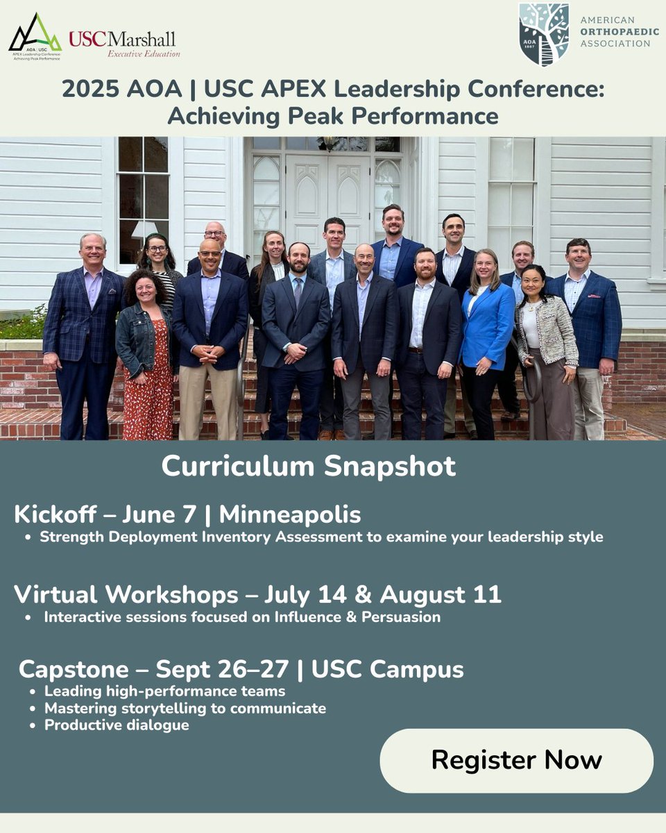Orthopaedic Surgeons, ready to lead with impact? 
The APEX 2025 curriculum blends personal insight, persuasion, and storytelling—powered by leadership experts from USC &amp; AOA.

🔗 Register now: aoassn.org/2025-apex-achi…