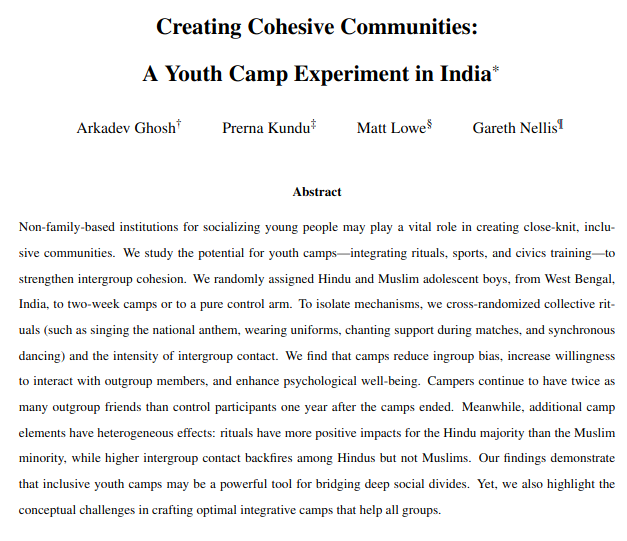 The Review of Economic Studies (@reveconstudies) on Twitter photo Recently accepted to #REStud, "Creating Cohesive Communities: A Youth Camp Experiment in India," from <a href="/arkdevghosh/">Arkadev Ghosh</a>, <a href="/prerna394/">Prerna Kundu</a>, <a href="/hmmlowe/">Matt Lowe</a> and Nellis:
restud.com/creating-cohes… Recently accepted to #REStud, "Creating Cohesive Communities: A Youth Camp Experiment in India," from <a href="/arkdevghosh/">Arkadev Ghosh</a>, <a href="/prerna394/">Prerna Kundu</a>, <a href="/hmmlowe/">Matt Lowe</a> and Nellis:
restud.com/creating-cohes…