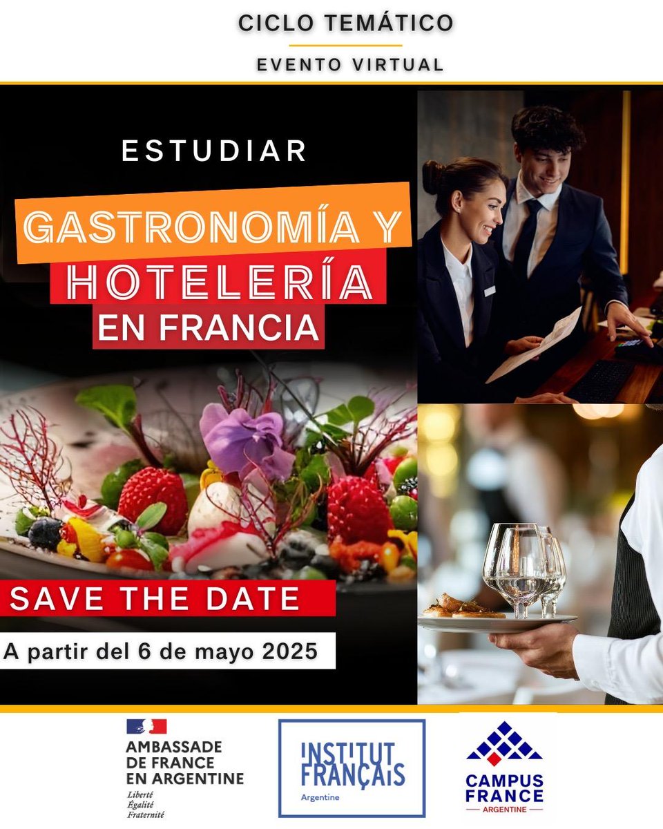 🇫🇷 ¡Evento virtual « Estudiar Gastronomía y Hotelería en Francia » a partir del 06/05!

-CY Gastronomie Hôtellerie
-École Ducasse
-Institut Lyfe,  Management in Culinary Arts &amp; Hospitality
-École Ferrières
-Le Cordon Bleu 
-Vatel

argentine.campusfrance.org/agenda/ciclo-t…