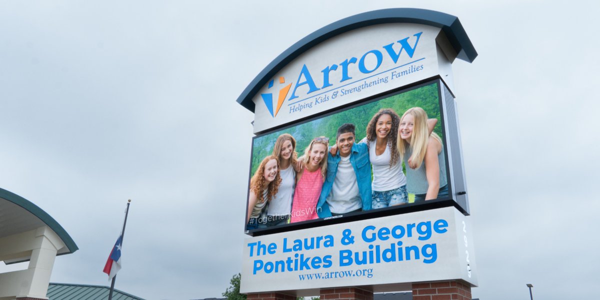 ledpartnershtx's tweet image. We’re proud to showcase our latest installation for Arrow Child &amp;amp; Family Ministries — a custom-built LED marquee and monument sign designed to match the architecture .#LEDpartners #Familyministries