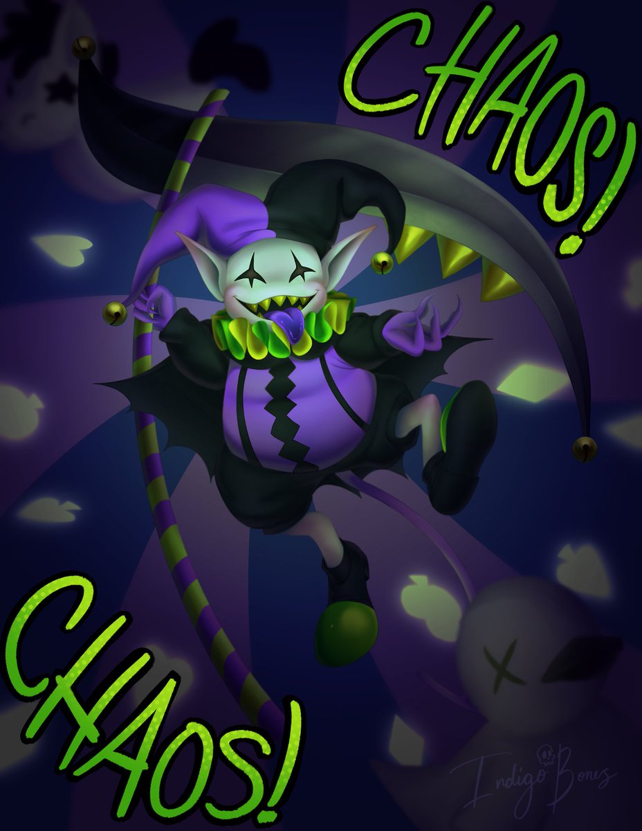 indigoxbones's tweet photo. Smells like chaos. 🎪

I am excited for the new deltarune chapters. Felt like drawing Jevil, I’ve wanted to for a while! He is a silly fella. Jester characters >>>

#jevil #jevildeltarune #jevilfanart #jevildeltarunefanart #deltarune #deltarunefanart https://t.co/0hSE2MpCRz