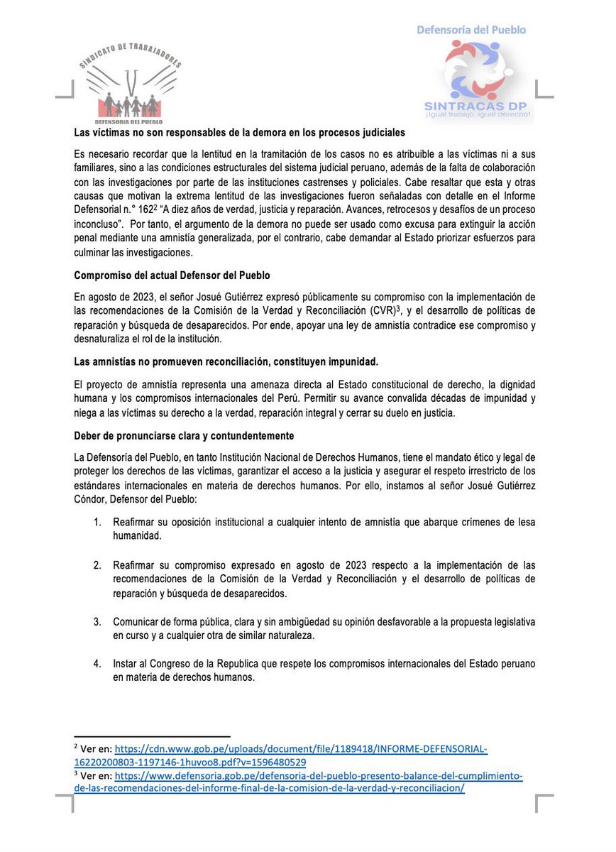 SintracasDP's tweet photo. El @SintracasDP y el @SindicatoDP: La amnistía frente a graves violaciones de los #DerechosHumanos no promueve la #reconciliación y genera #impunidad. https://t.co/esFRYTuo0s
