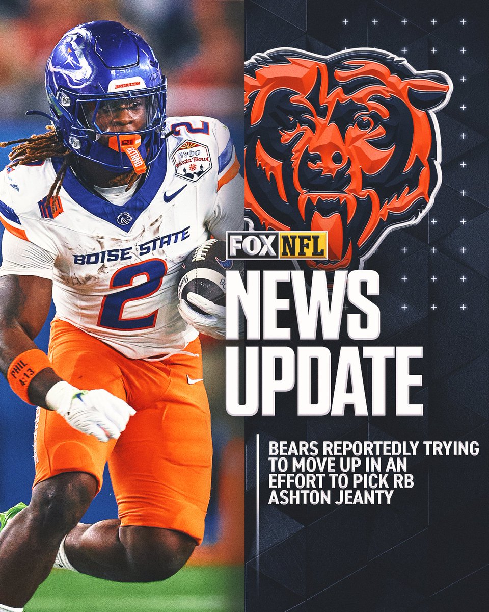 NFLonFOX's tweet photo. Teams believe the #Bears are trying to move up from pick No. 10 in an effort to select Boise State RB Ashton Jeanty, per @DMRussini. https://t.co/nlr1Lrola7